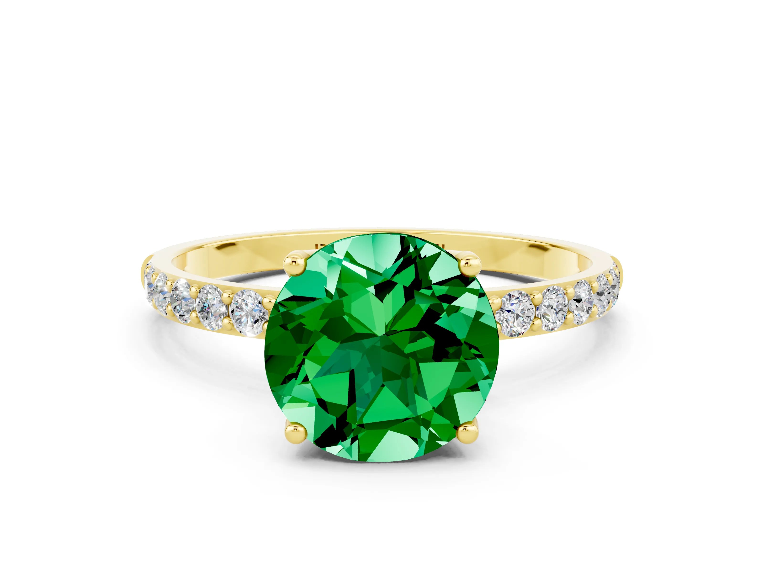 Yellow gold Round Cut Emerald Solitaire Engagement Ring with Pavé Band and Prong Setting