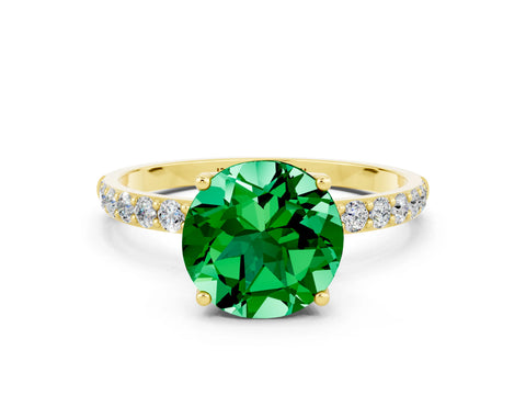 Yellow gold Round Cut Emerald Solitaire Engagement Ring with Pavé Band and Prong Setting