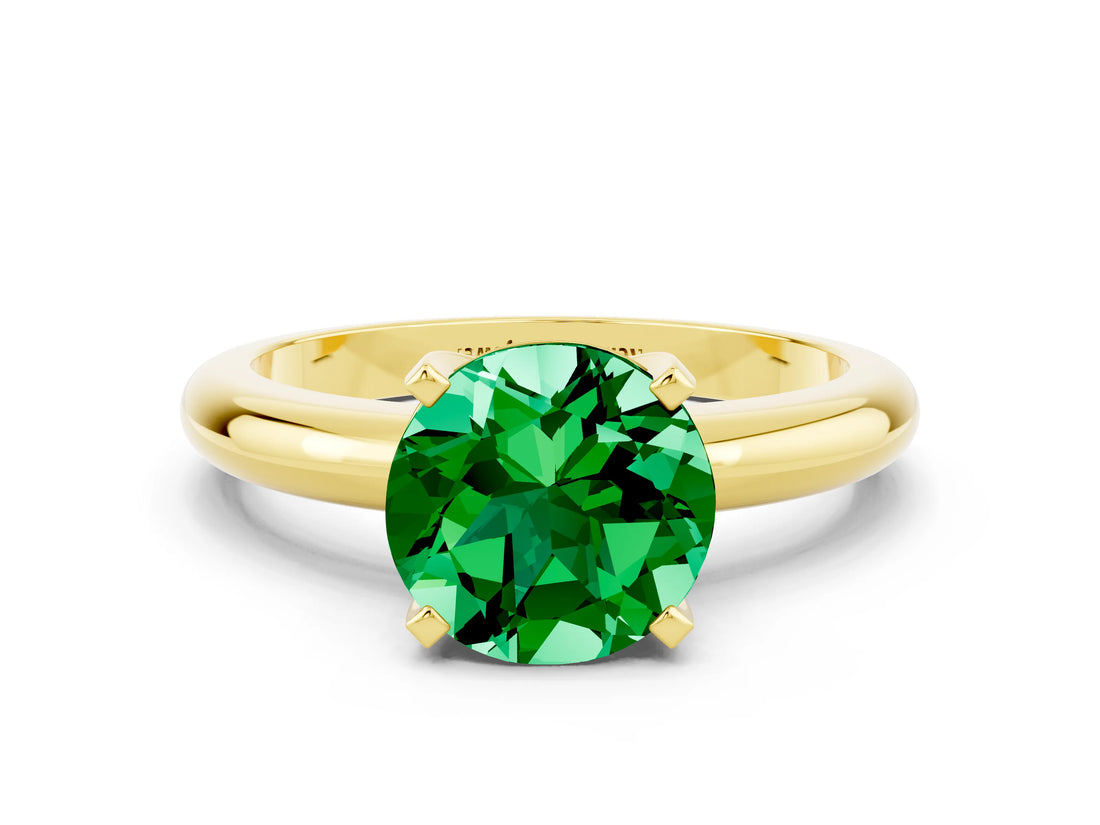 Yellow gold Round Cut Emerald Solitaire Engagement Ring with Round Band and Four-Prong Setting