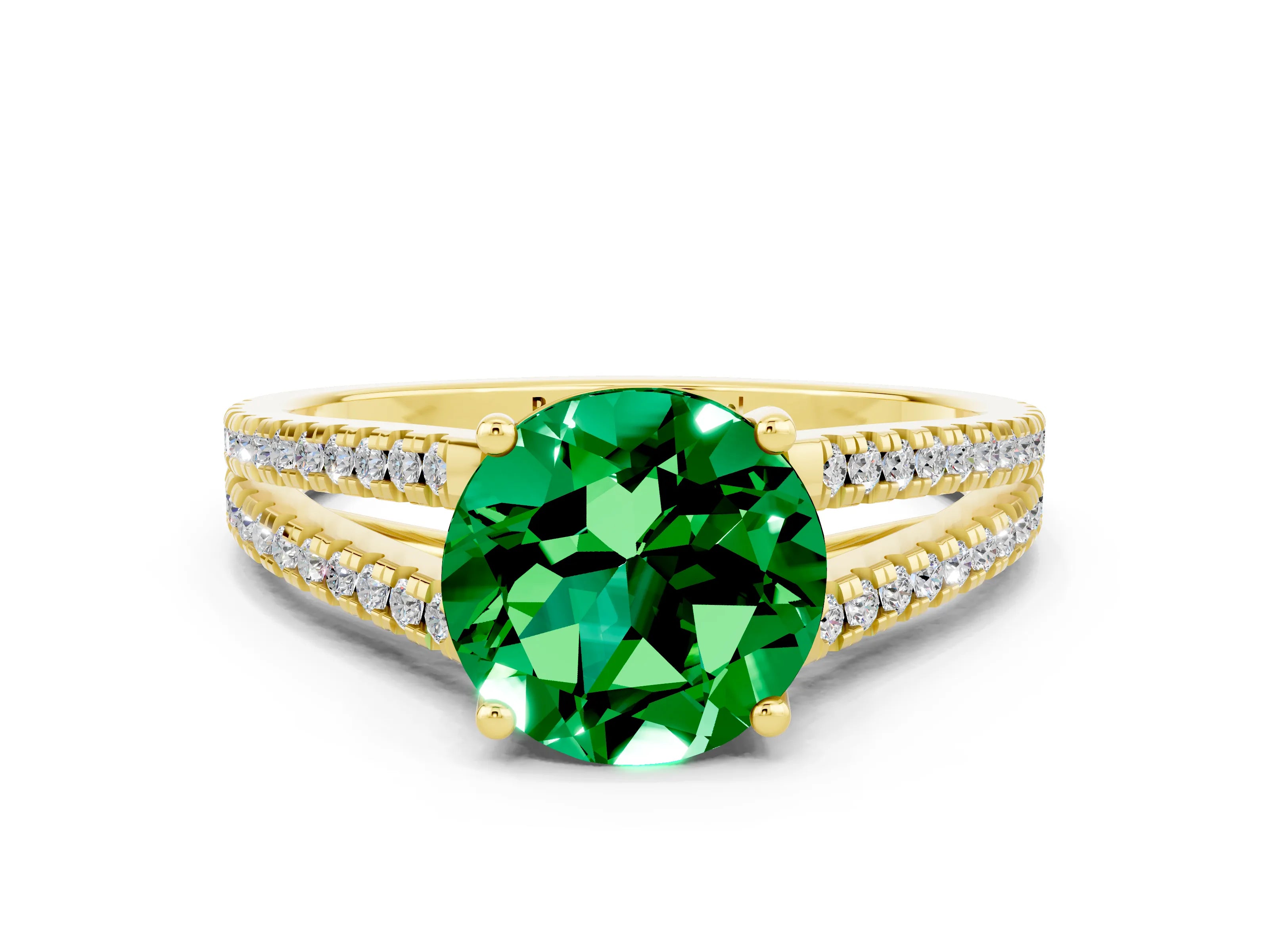 Yellow gold Round Cut Emerald Solitaire Engagement Ring with Split Shank Pavé Band