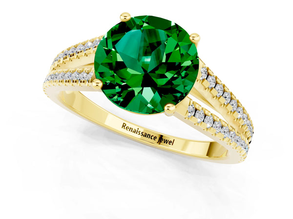 Yellow gold Round Cut Emerald Solitaire Engagement Ring with Split Shank Pavé Band