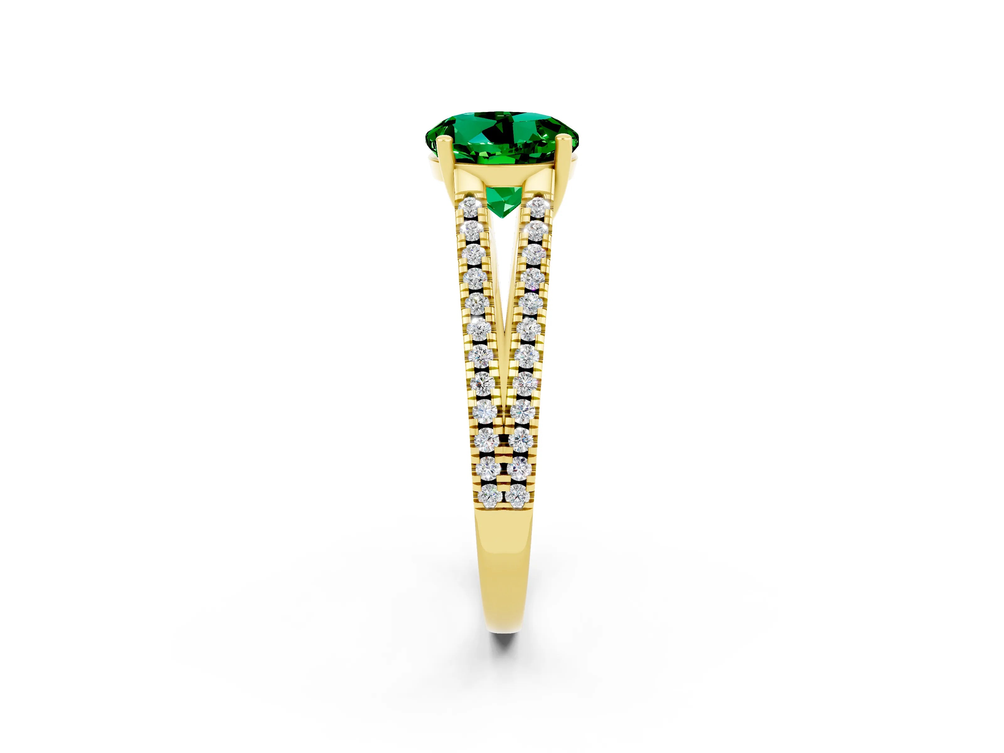 Yellow gold Round Cut Emerald Solitaire Engagement Ring with Split Shank Pavé Band_2