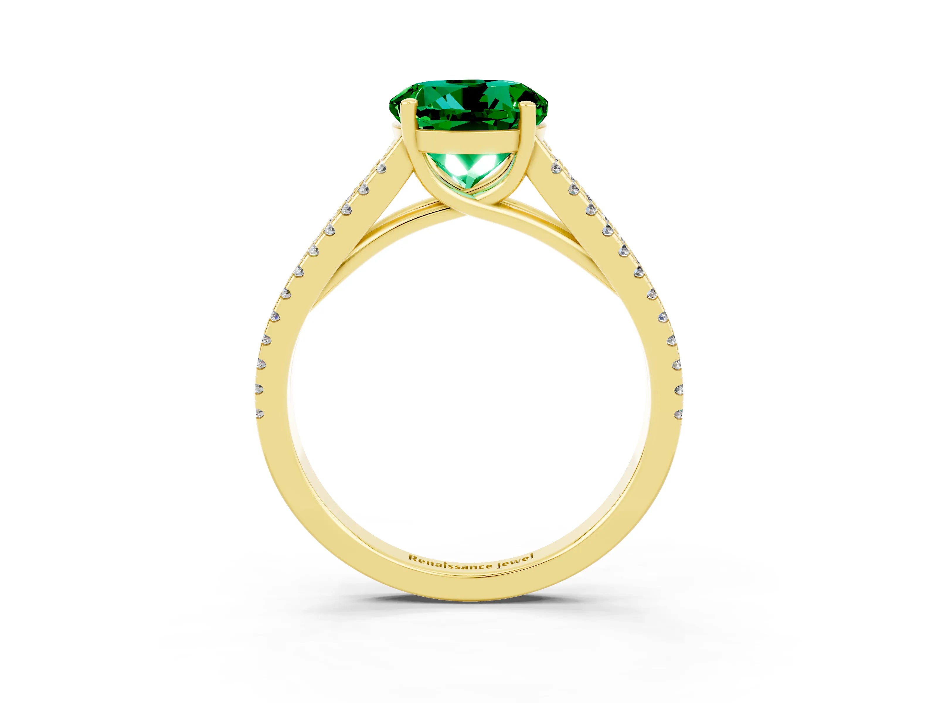 Yellow gold Round Cut Emerald Solitaire Engagement Ring with Split Shank Pavé Band_3