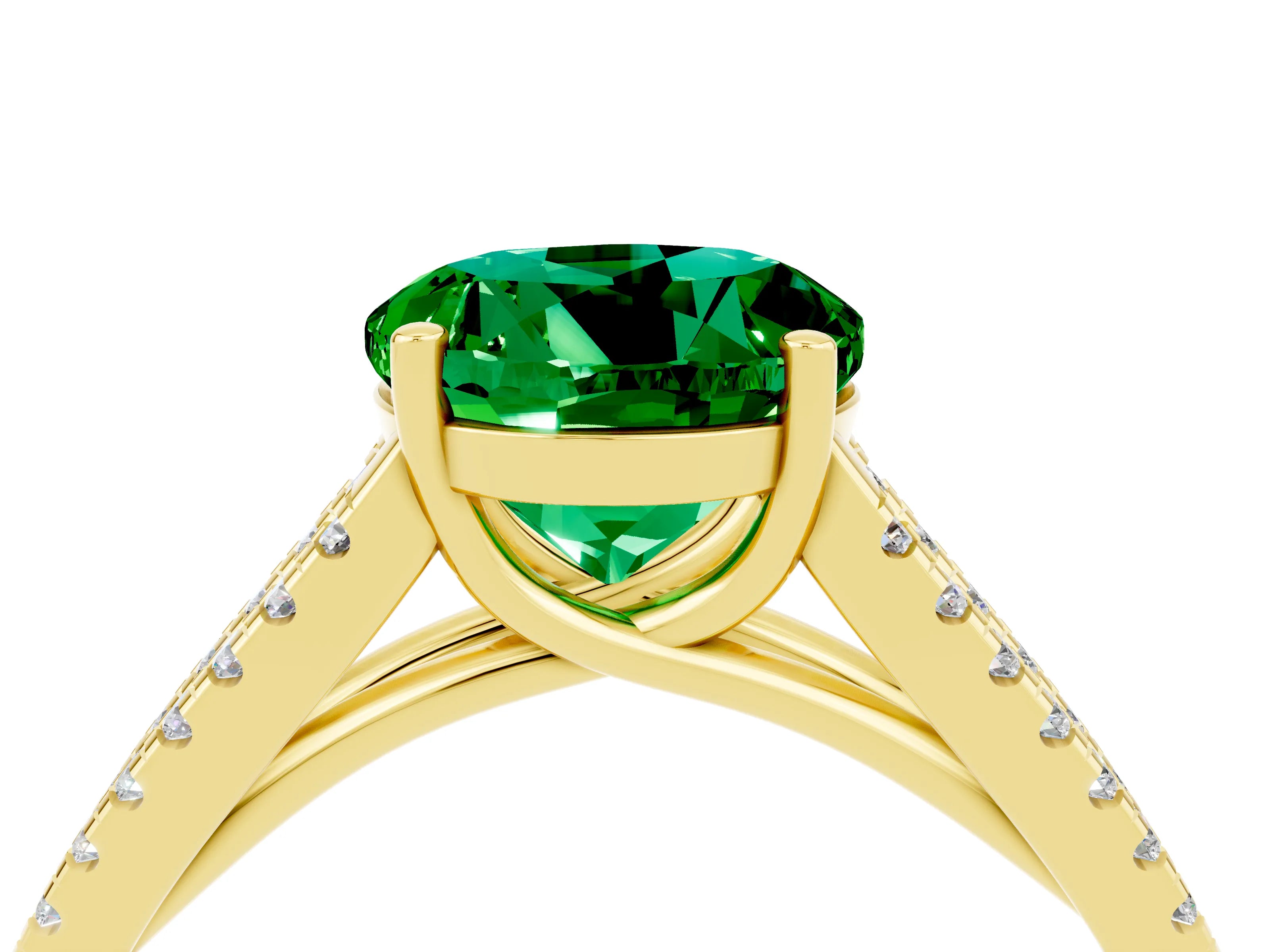 Yellow gold Round Cut Emerald Solitaire Engagement Ring with Split Shank Pavé Band_4