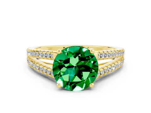 Yellow gold Round Cut Emerald Solitaire Engagement Ring with Split Shank Pavé Band