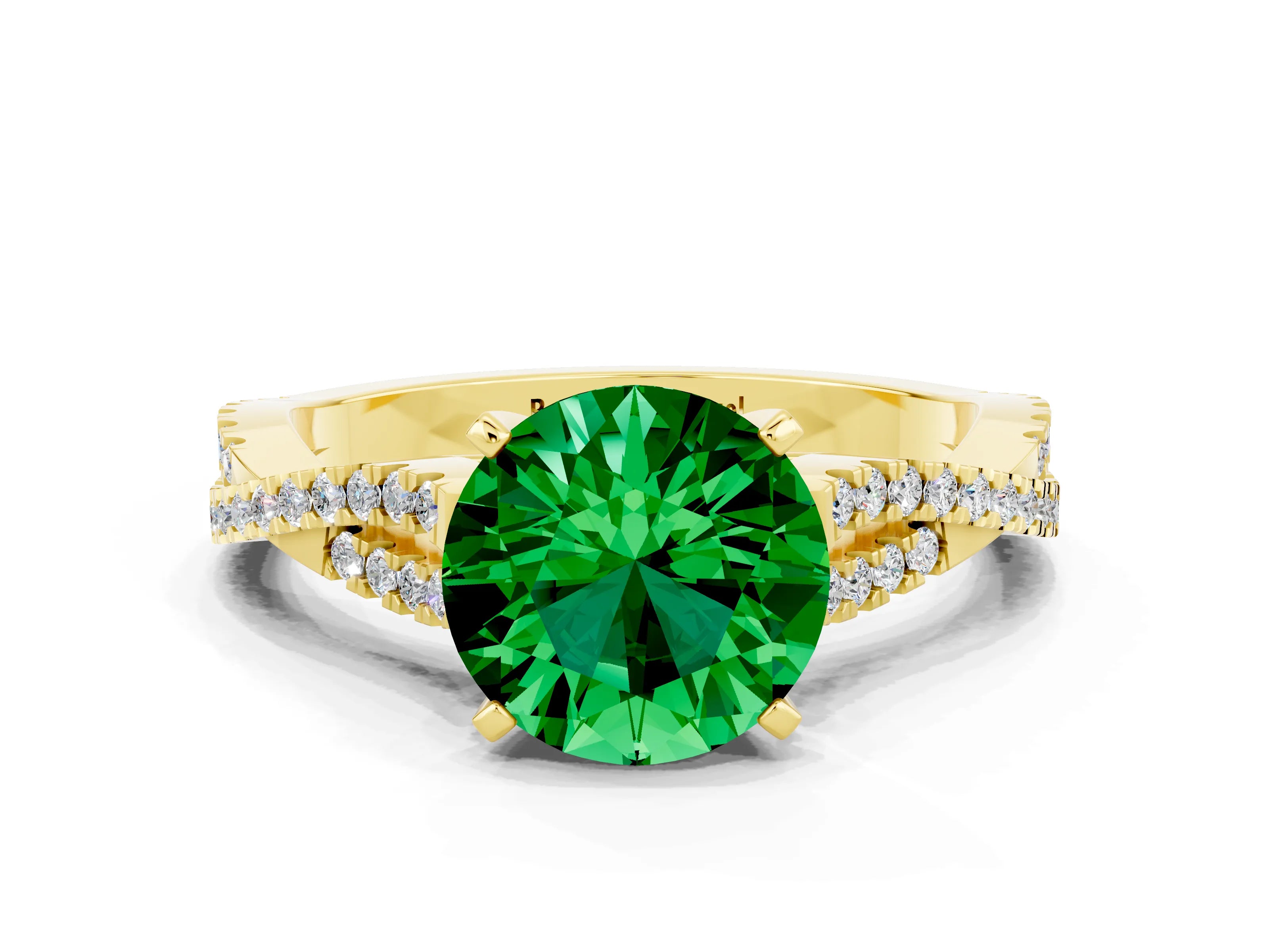 Yellow gold Round Cut Emerald Solitaire Engagement Ring with Twisted Pavé Band and Four-Prong Setting_12