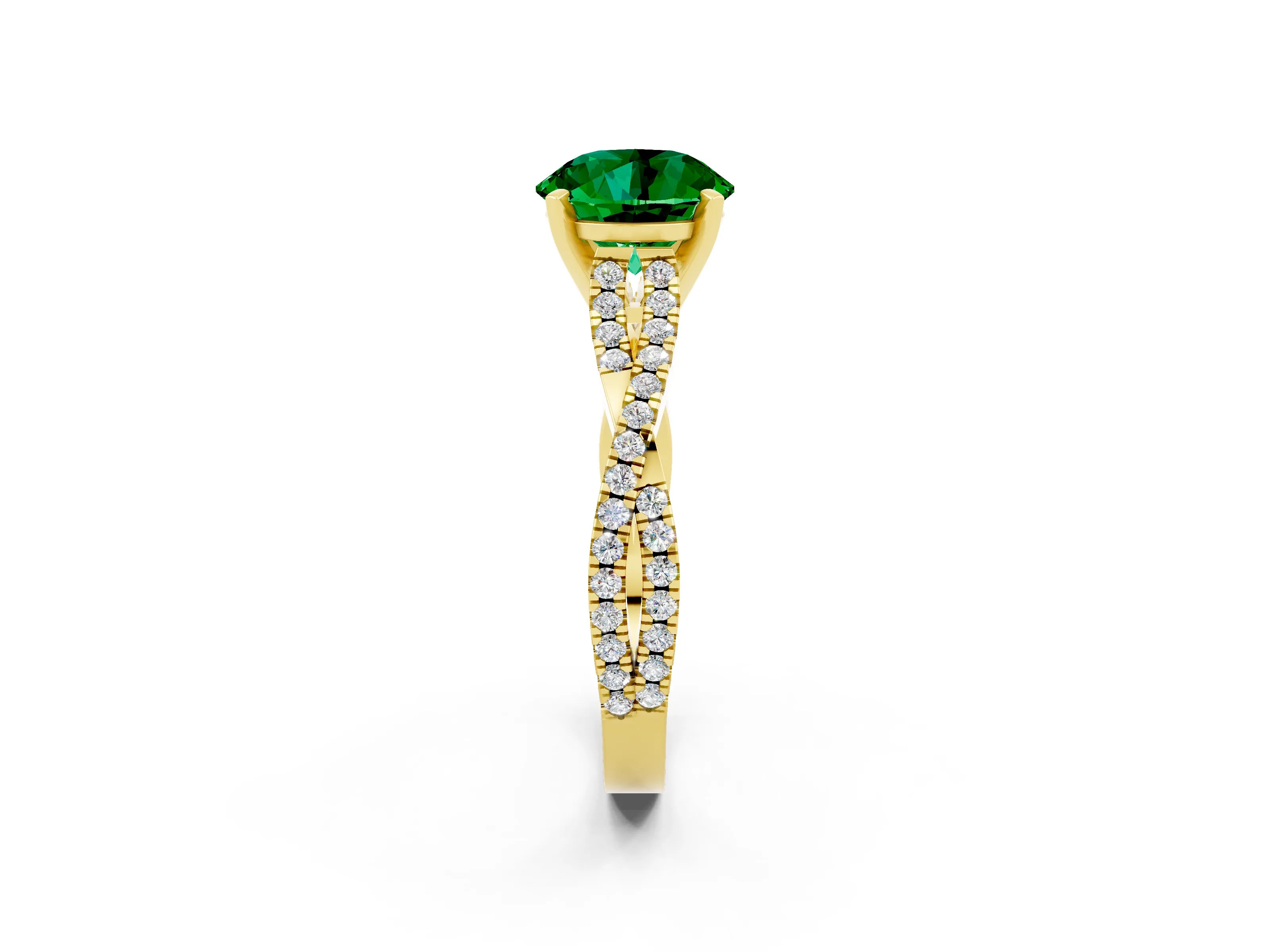 Yellow gold Round Cut Emerald Solitaire Engagement Ring with Twisted Pavé Band and Four-Prong Setting_14