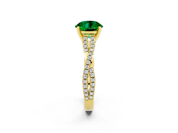 Yellow gold Round Cut Emerald Solitaire Engagement Ring with Twisted Pavé Band and Four-Prong Setting