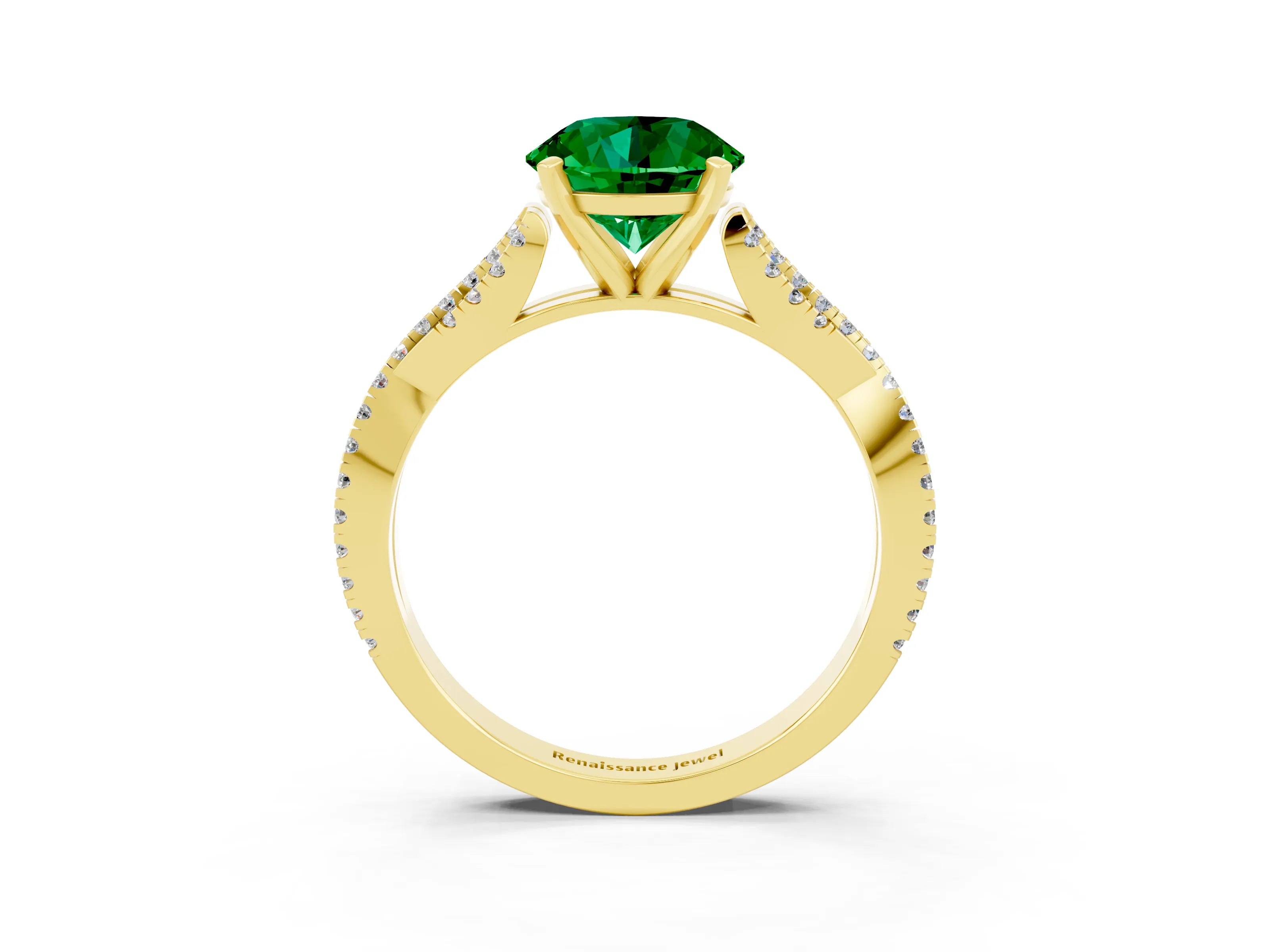 Yellow gold Round Cut Emerald Solitaire Engagement Ring with Twisted Pavé Band and Four-Prong Setting_15