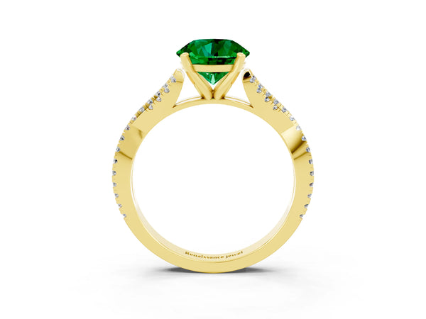 Yellow gold Round Cut Emerald Solitaire Engagement Ring with Twisted Pavé Band and Four-Prong Setting