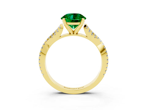 Yellow gold Round Cut Emerald Solitaire Engagement Ring with Twisted Pavé Band and Four-Prong Setting_15