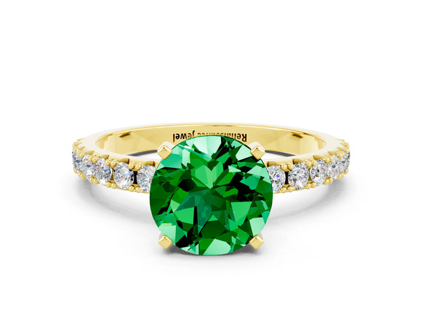 Yellow gold Round Cut Emerald Solitaire Pavé Band with Four-Prong Setting