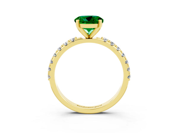 Yellow gold Round Cut Emerald Solitaire Pavé Band with Four-Prong Setting