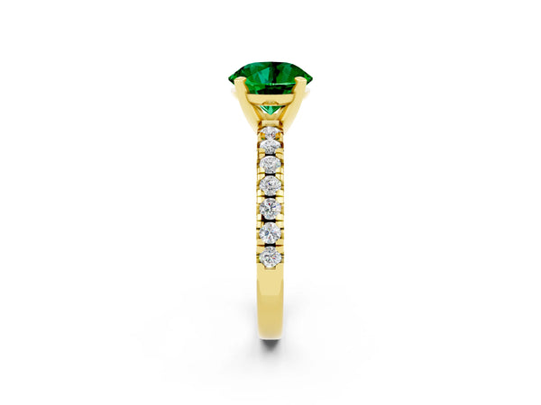 Yellow gold Round Cut Emerald Solitaire Pavé Engagement Ring with Round Band and Prong Setting