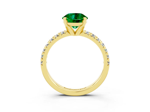 Yellow gold Round Cut Emerald Solitaire Pavé Engagement Ring with Round Band and Prong Setting