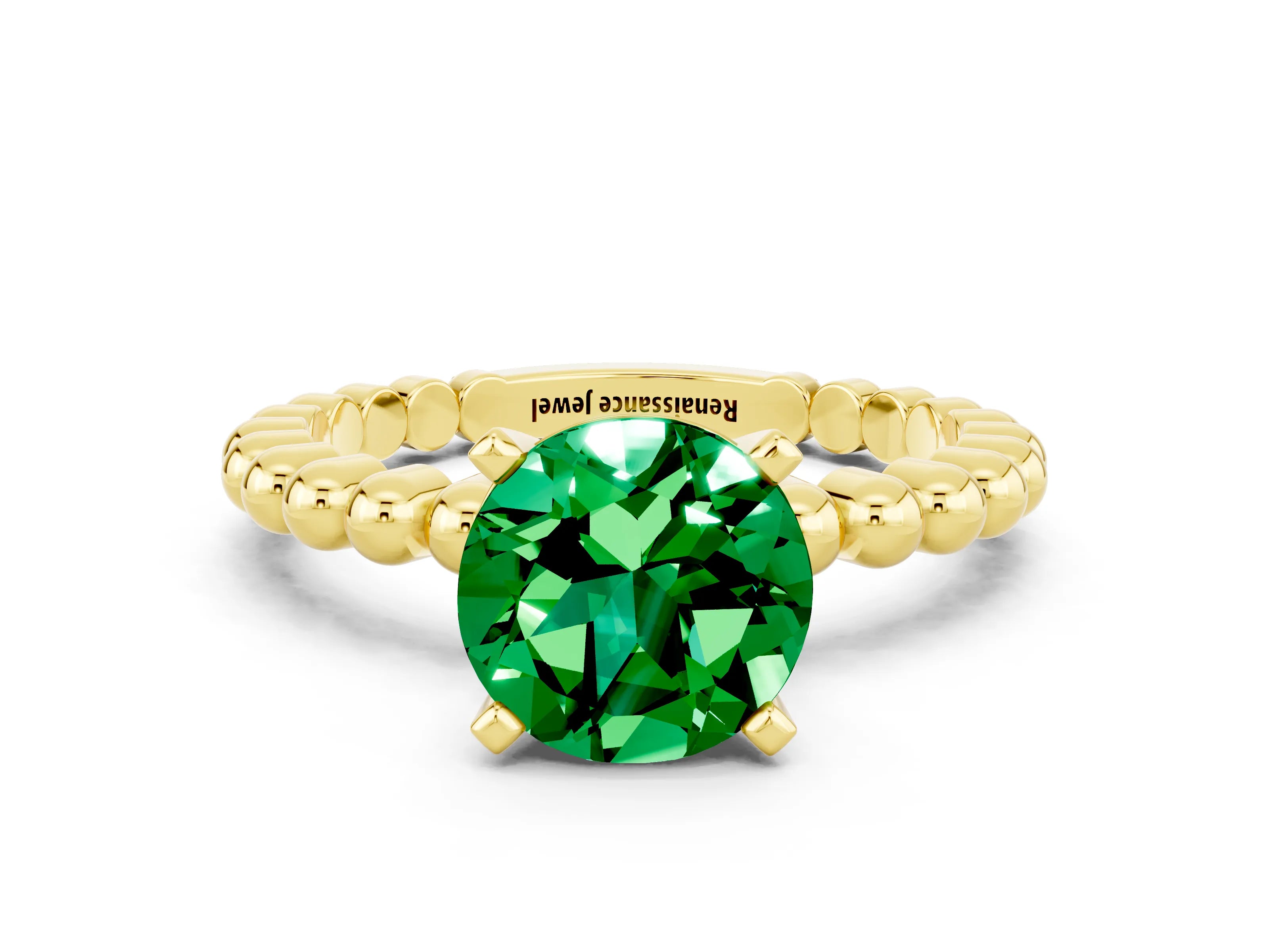 Yellow gold Round Cut Emerald Solitaire Ring with Beaded Band and Prong Setting