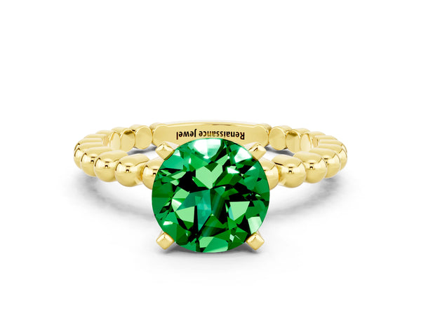 Yellow gold Round Cut Emerald Solitaire Ring with Beaded Band and Prong Setting