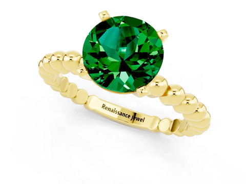 Yellow gold Round Cut Emerald Solitaire Ring with Beaded Band and Prong Setting_1