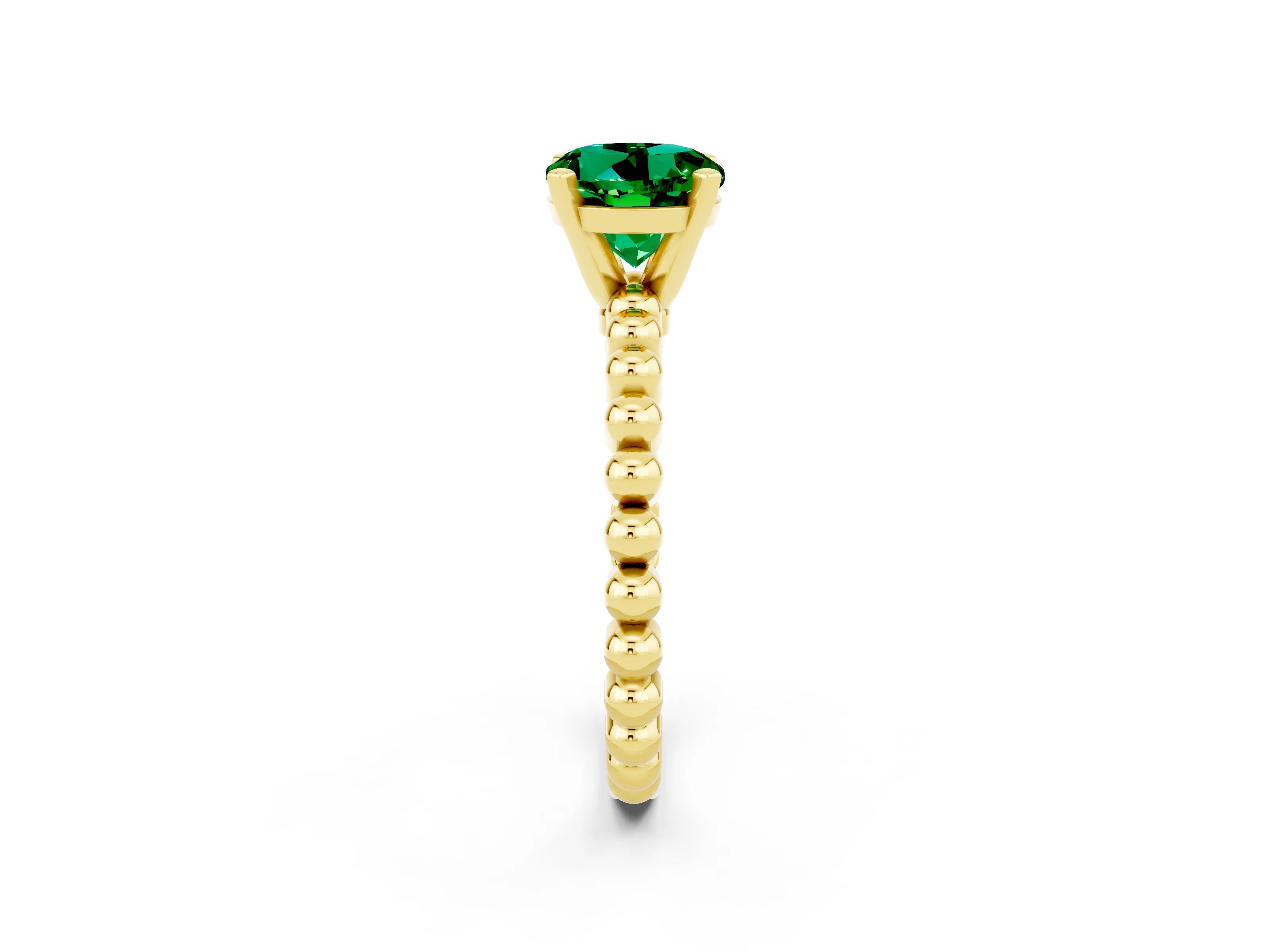 Yellow gold Round Cut Emerald Solitaire Ring with Beaded Band and Prong Setting_2