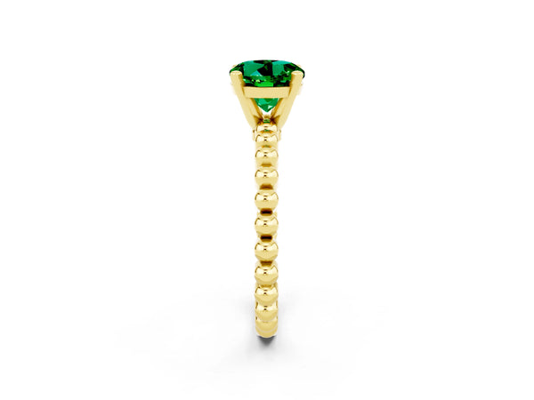 Yellow gold Round Cut Emerald Solitaire Ring with Beaded Band and Prong Setting