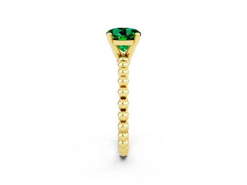 Yellow gold Round Cut Emerald Solitaire Ring with Beaded Band and Prong Setting_2
