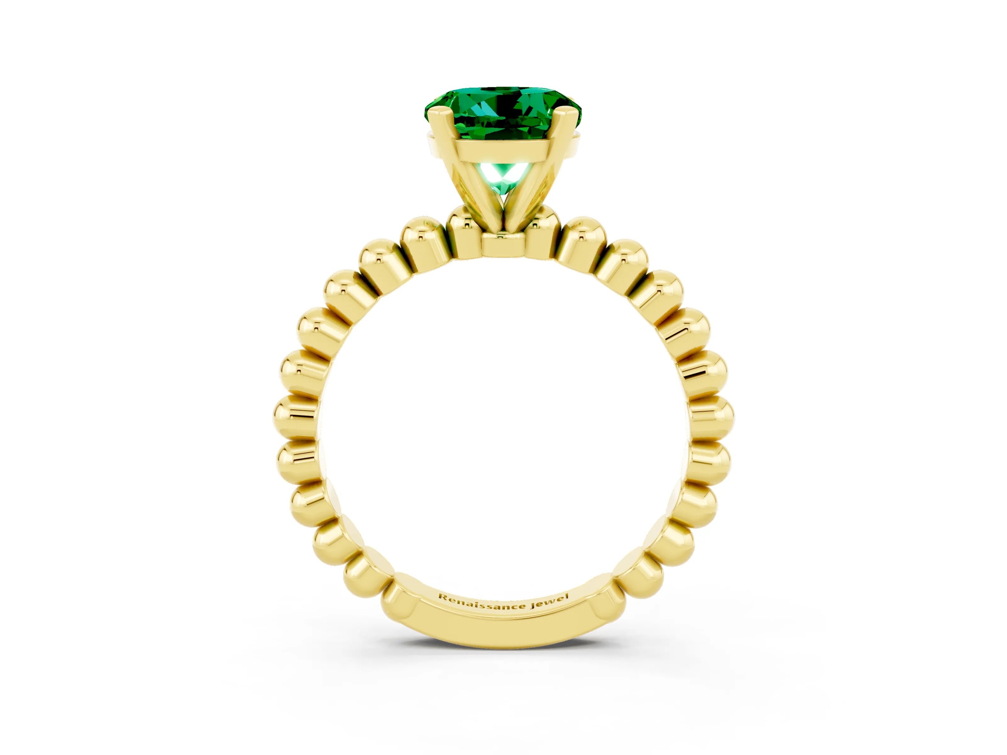 Yellow gold Round Cut Emerald Solitaire Ring with Beaded Band and Prong Setting_3