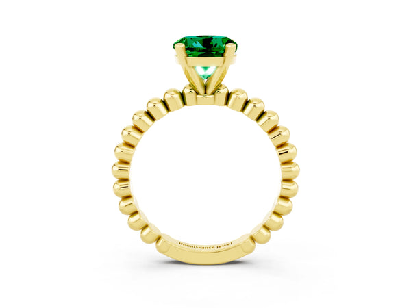 Yellow gold Round Cut Emerald Solitaire Ring with Beaded Band and Prong Setting