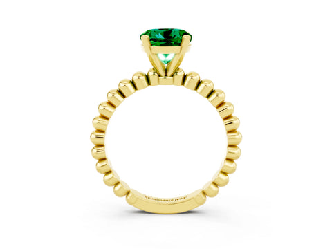 Yellow gold Round Cut Emerald Solitaire Ring with Beaded Band and Prong Setting_3