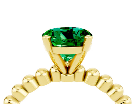 Yellow gold Round Cut Emerald Solitaire Ring with Beaded Band and Prong Setting_4