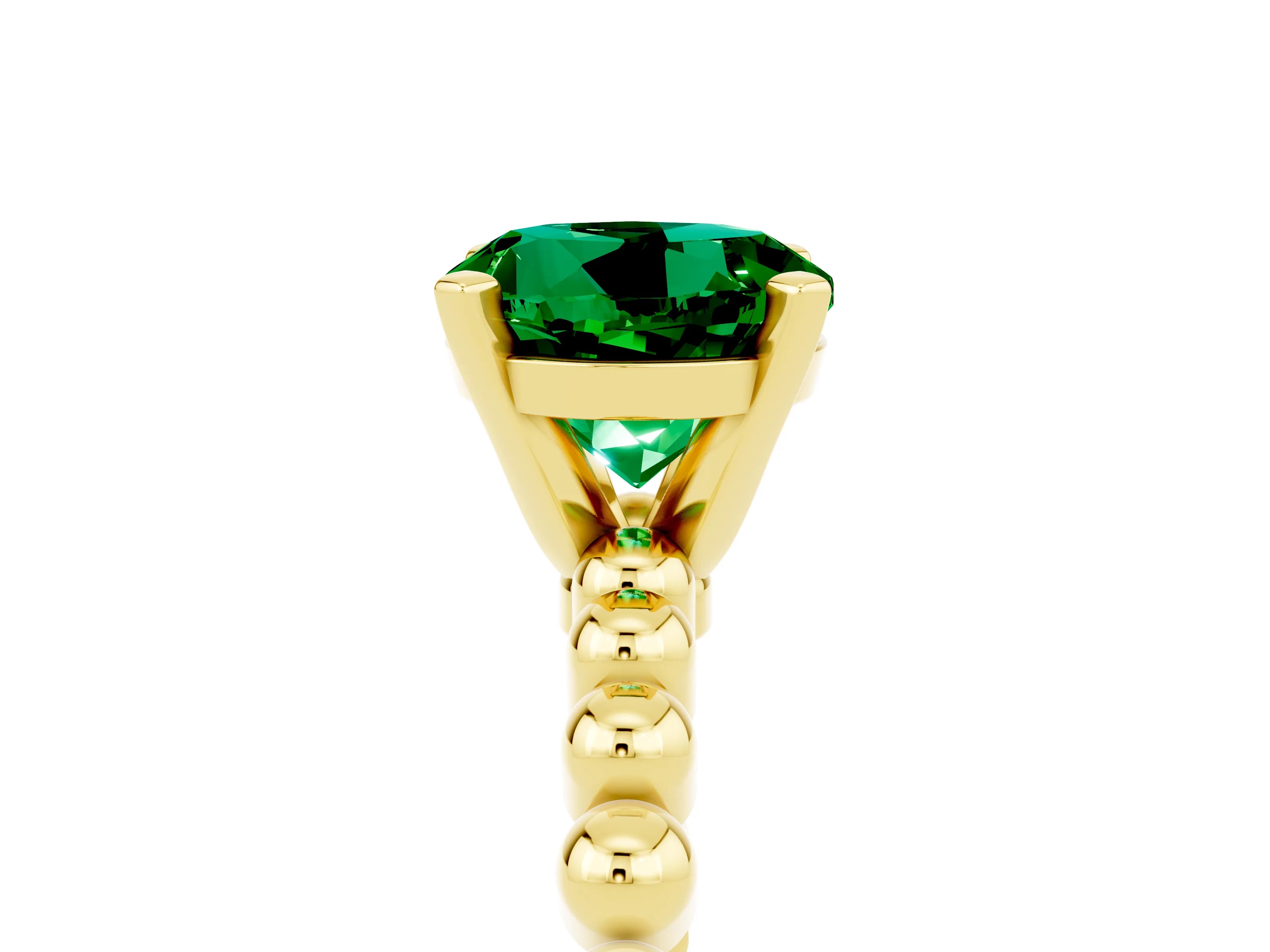 Yellow gold Round Cut Emerald Solitaire Ring with Beaded Band and Prong Setting_5