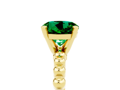 Yellow gold Round Cut Emerald Solitaire Ring with Beaded Band and Prong Setting_5