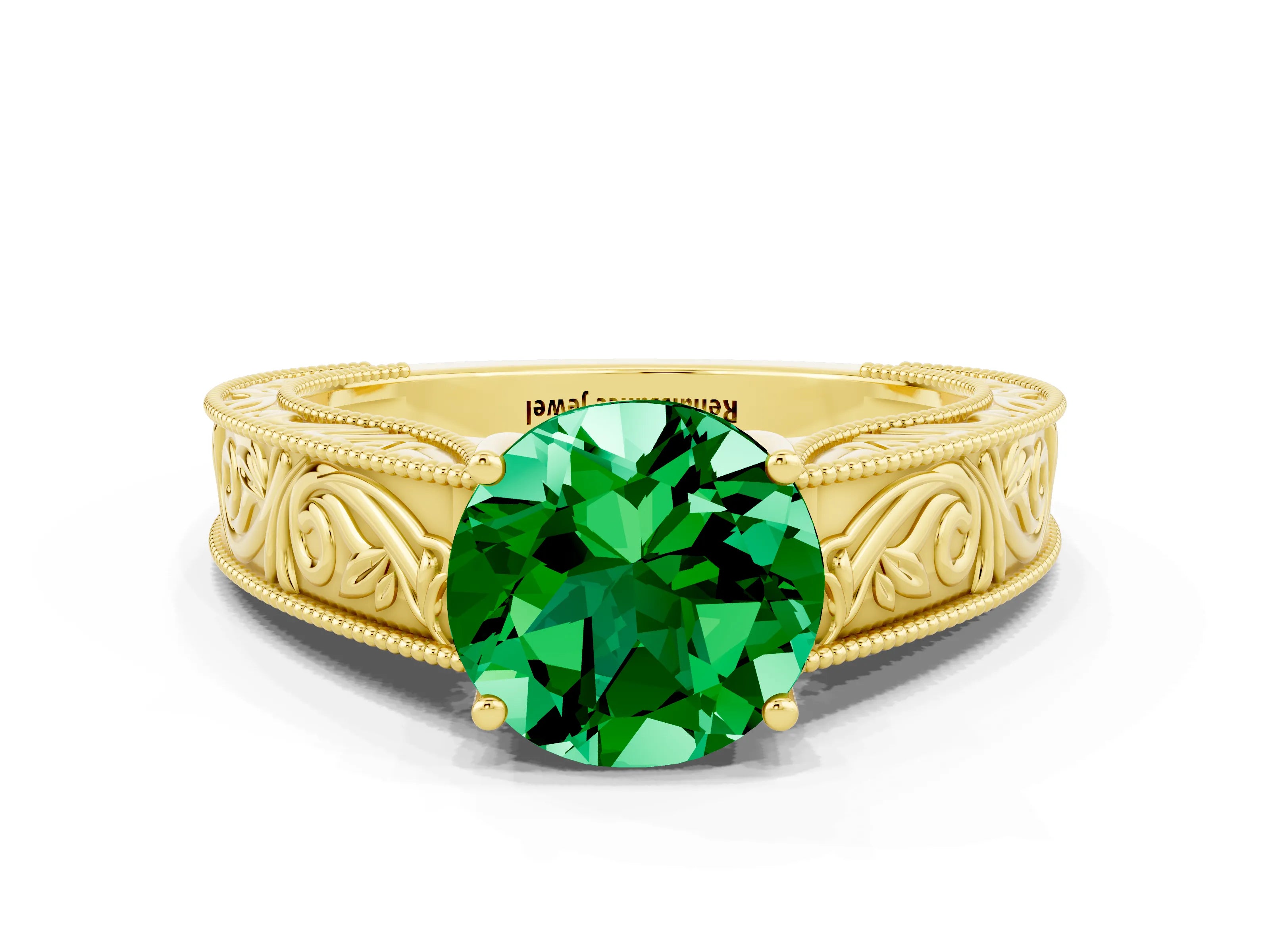 Yellow gold Round Cut Emerald Solitaire Ring with Engraved Band and Four-Prong Setting
