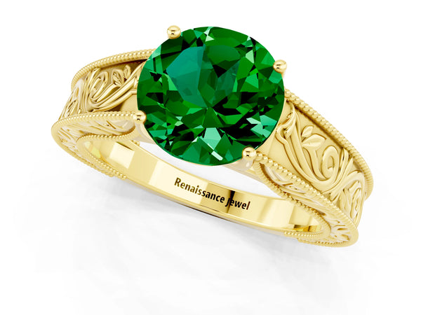 Yellow gold Round Cut Emerald Solitaire Ring with Engraved Band and Four-Prong Setting
