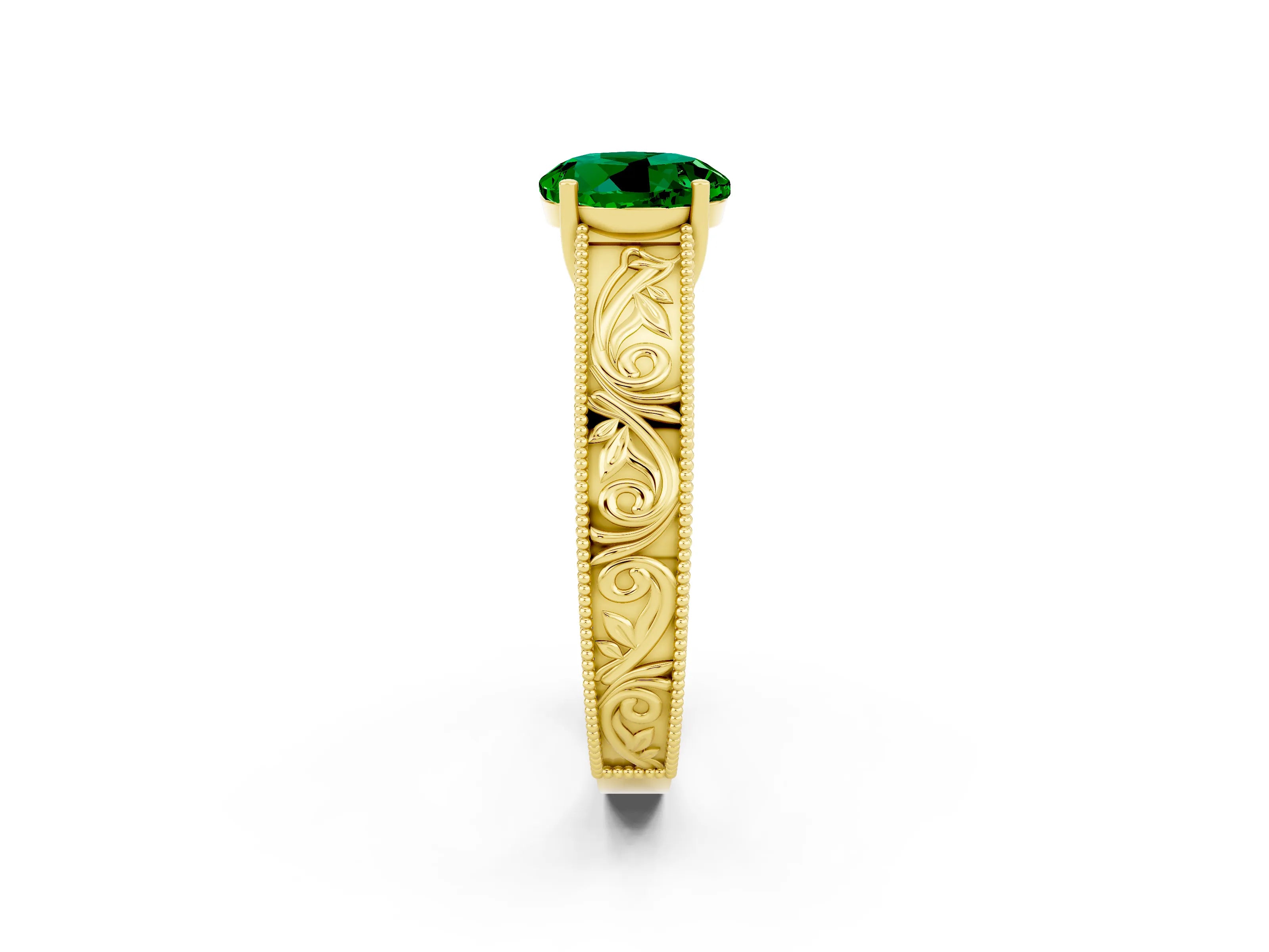Yellow gold Round Cut Emerald Solitaire Ring with Engraved Band and Four-Prong Setting_2