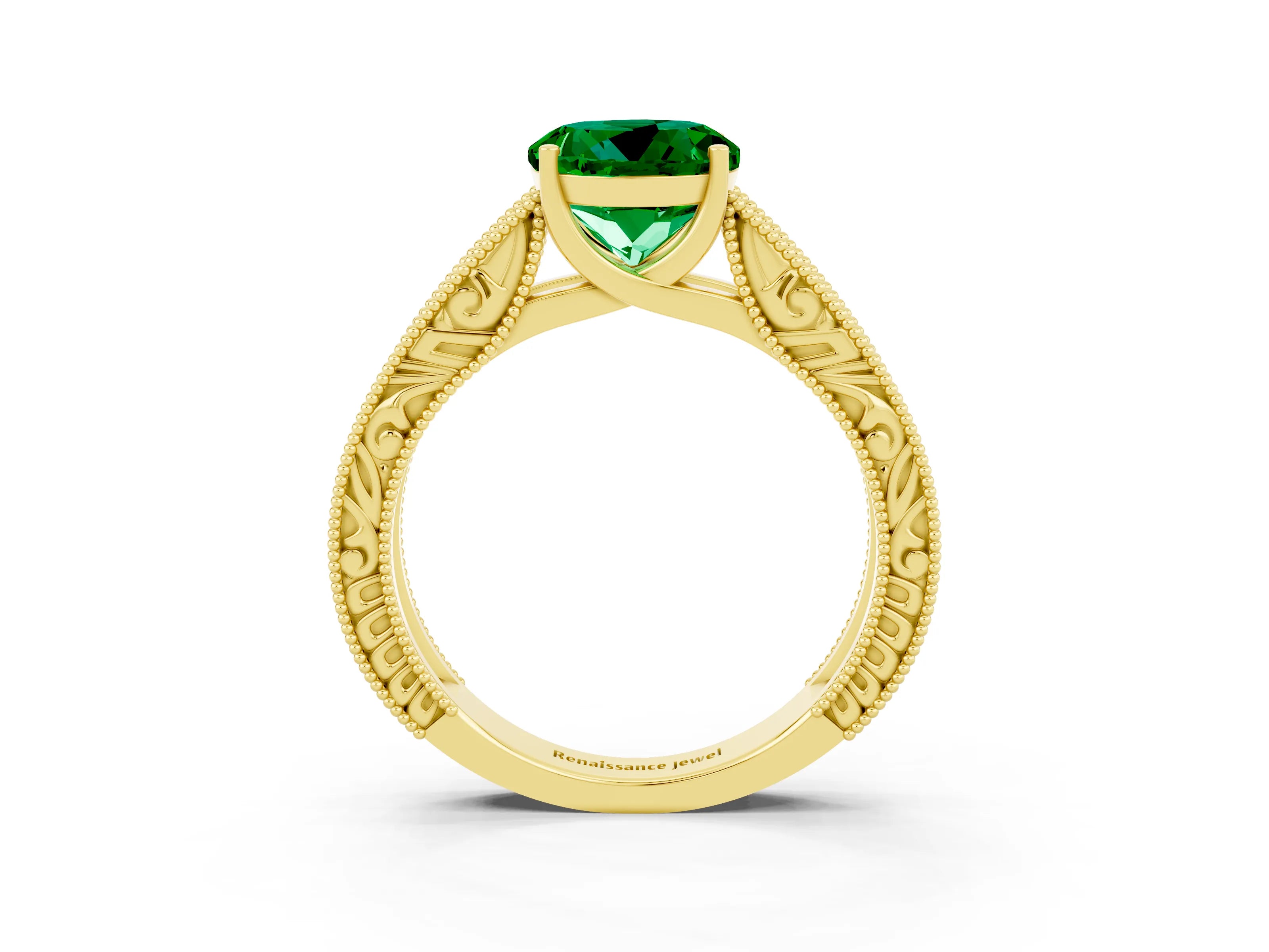 Yellow gold Round Cut Emerald Solitaire Ring with Engraved Band and Four-Prong Setting_3
