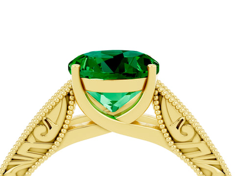 Yellow gold Round Cut Emerald Solitaire Ring with Engraved Band and Four-Prong Setting_4