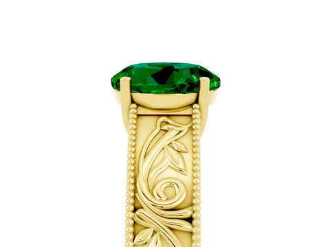 Yellow gold Round Cut Emerald Solitaire Ring with Engraved Band and Four-Prong Setting_5