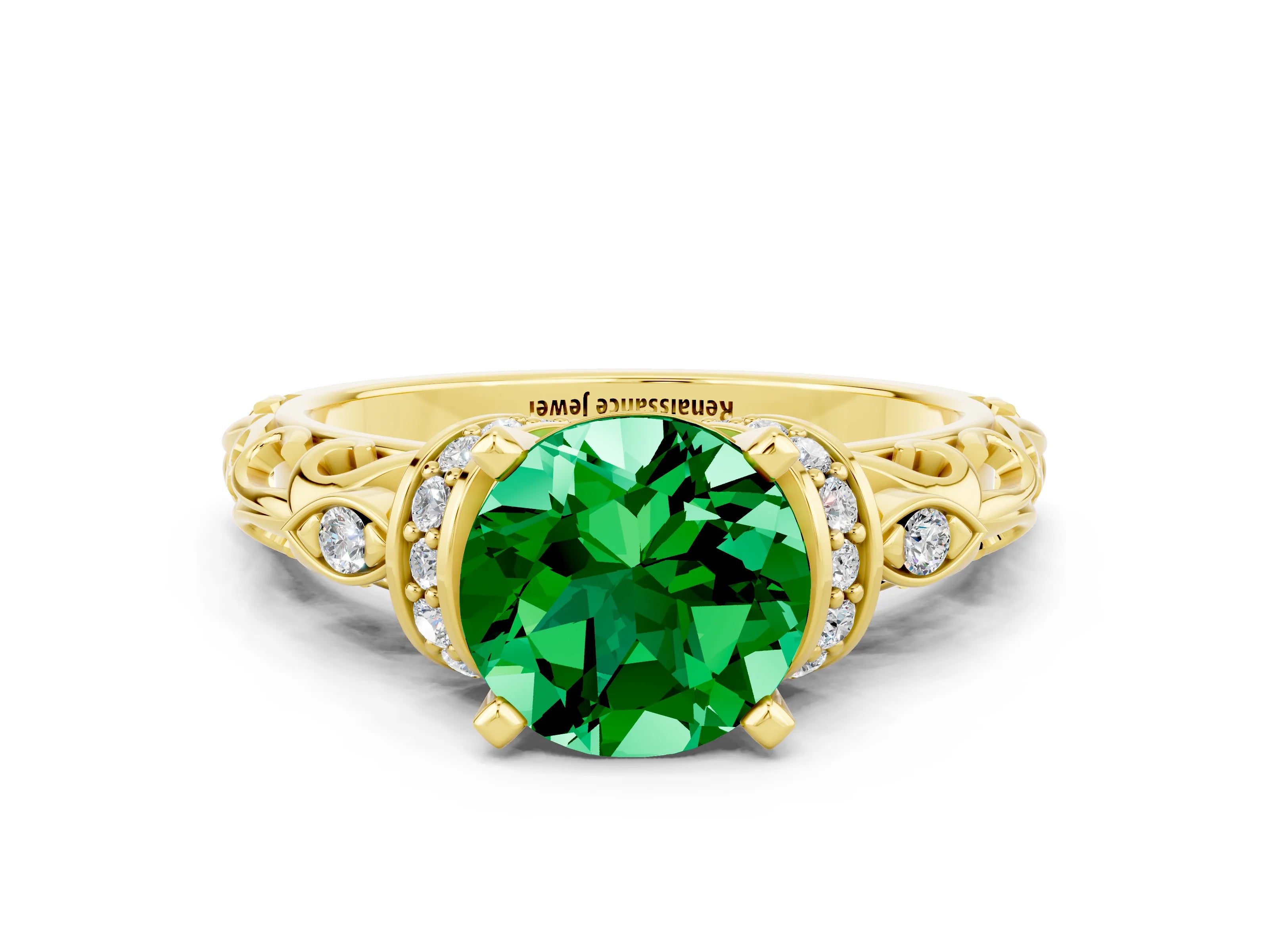 Yellow gold Round Cut Emerald Solitaire Ring with Filigree Band and Four-Prong Setting_24