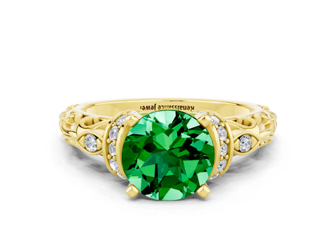Yellow gold Round Cut Emerald Solitaire Ring with Filigree Band and Four-Prong Setting_24
