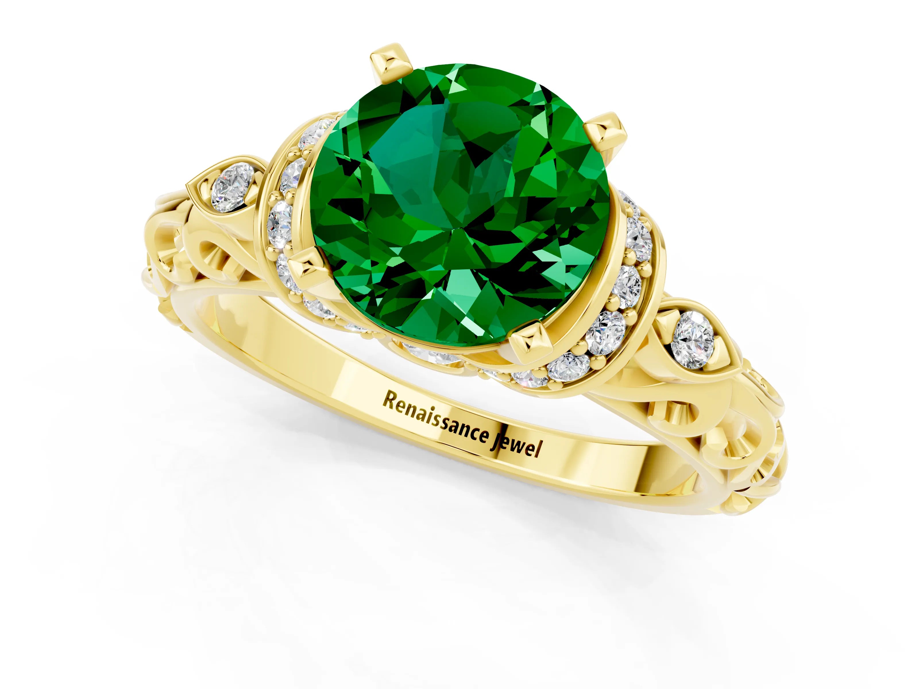 Yellow gold Round Cut Emerald Solitaire Ring with Filigree Band and Four-Prong Setting_25