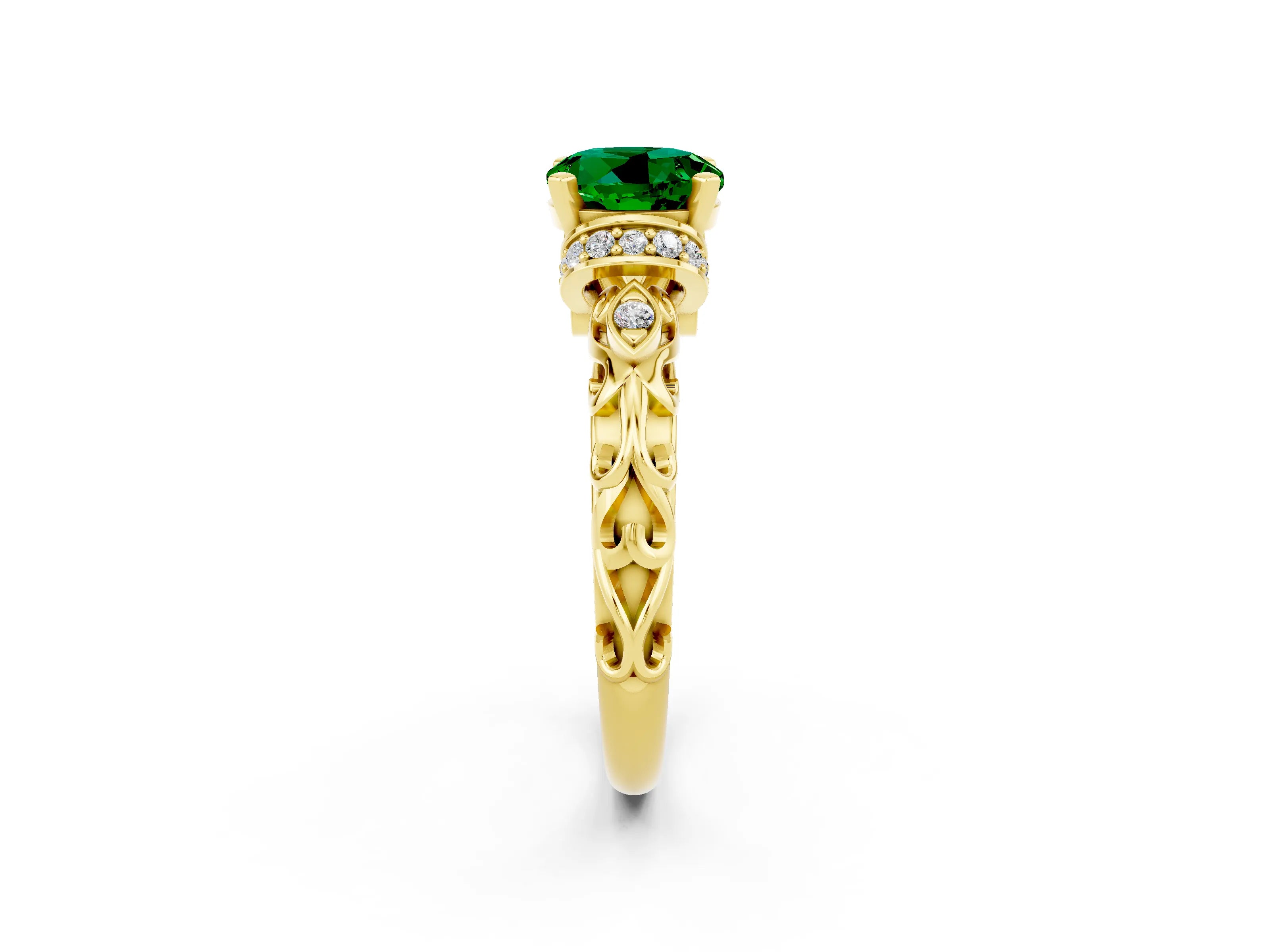 Yellow gold Round Cut Emerald Solitaire Ring with Filigree Band and Four-Prong Setting_26