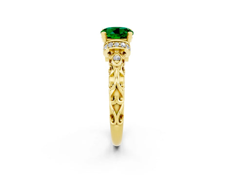 Yellow gold Round Cut Emerald Solitaire Ring with Filigree Band and Four-Prong Setting_26