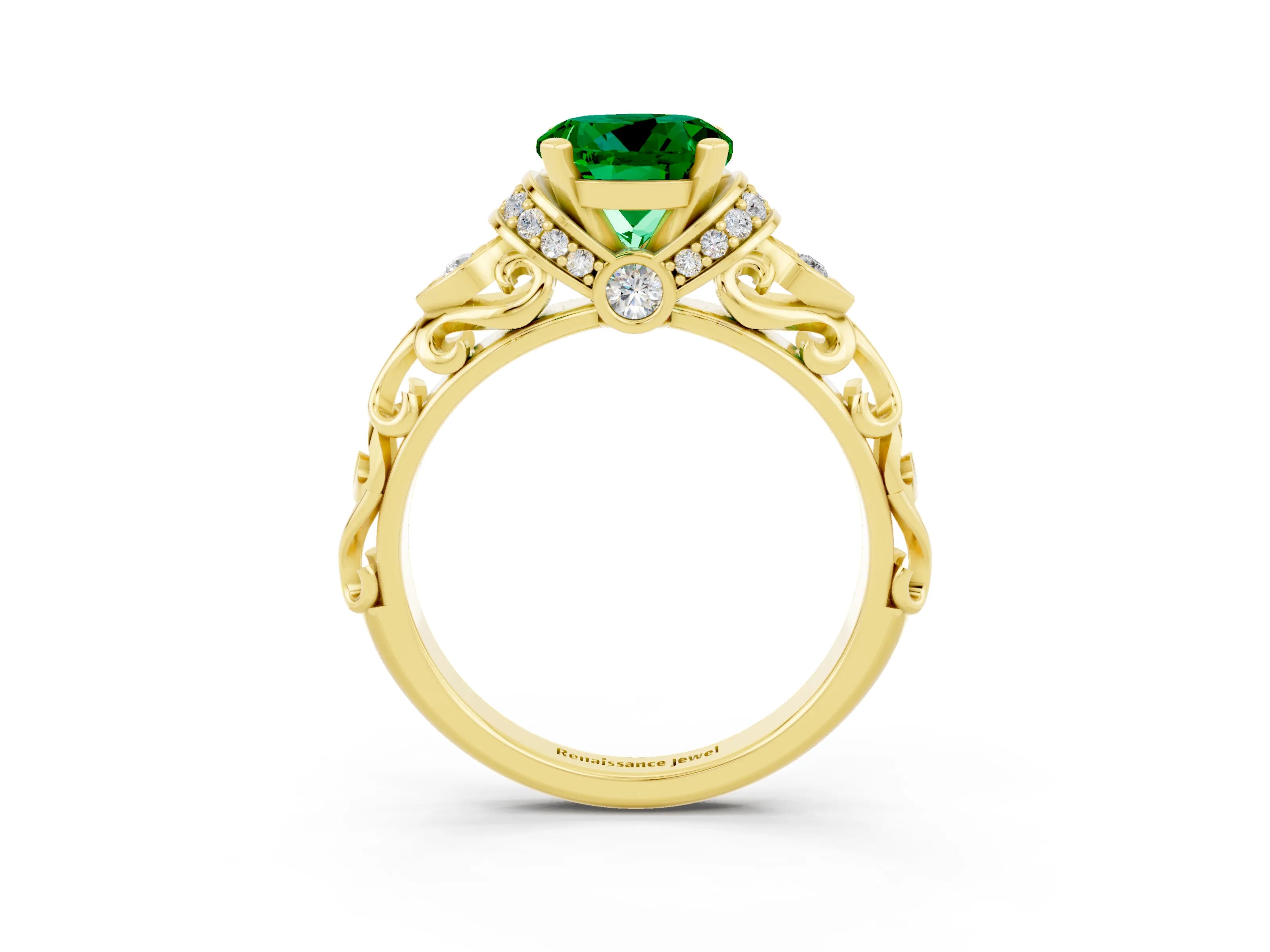 Yellow gold Round Cut Emerald Solitaire Ring with Filigree Band and Four-Prong Setting_27