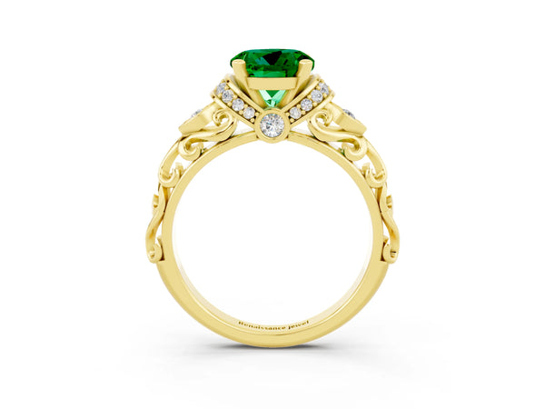Yellow gold Round Cut Emerald Solitaire Ring with Filigree Band and Four-Prong Setting