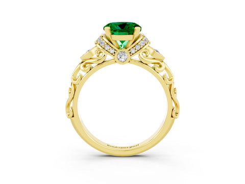 Yellow gold Round Cut Emerald Solitaire Ring with Filigree Band and Four-Prong Setting_27