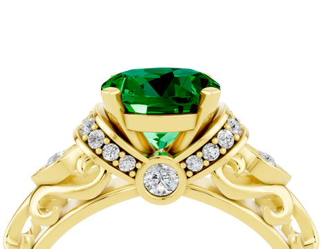 Yellow gold Round Cut Emerald Solitaire Ring with Filigree Band and Four-Prong Setting_28