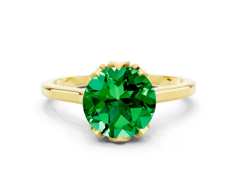 Yellow gold Round Cut Emerald Solitaire Ring with Flower Prong Setting and Classic Band_12