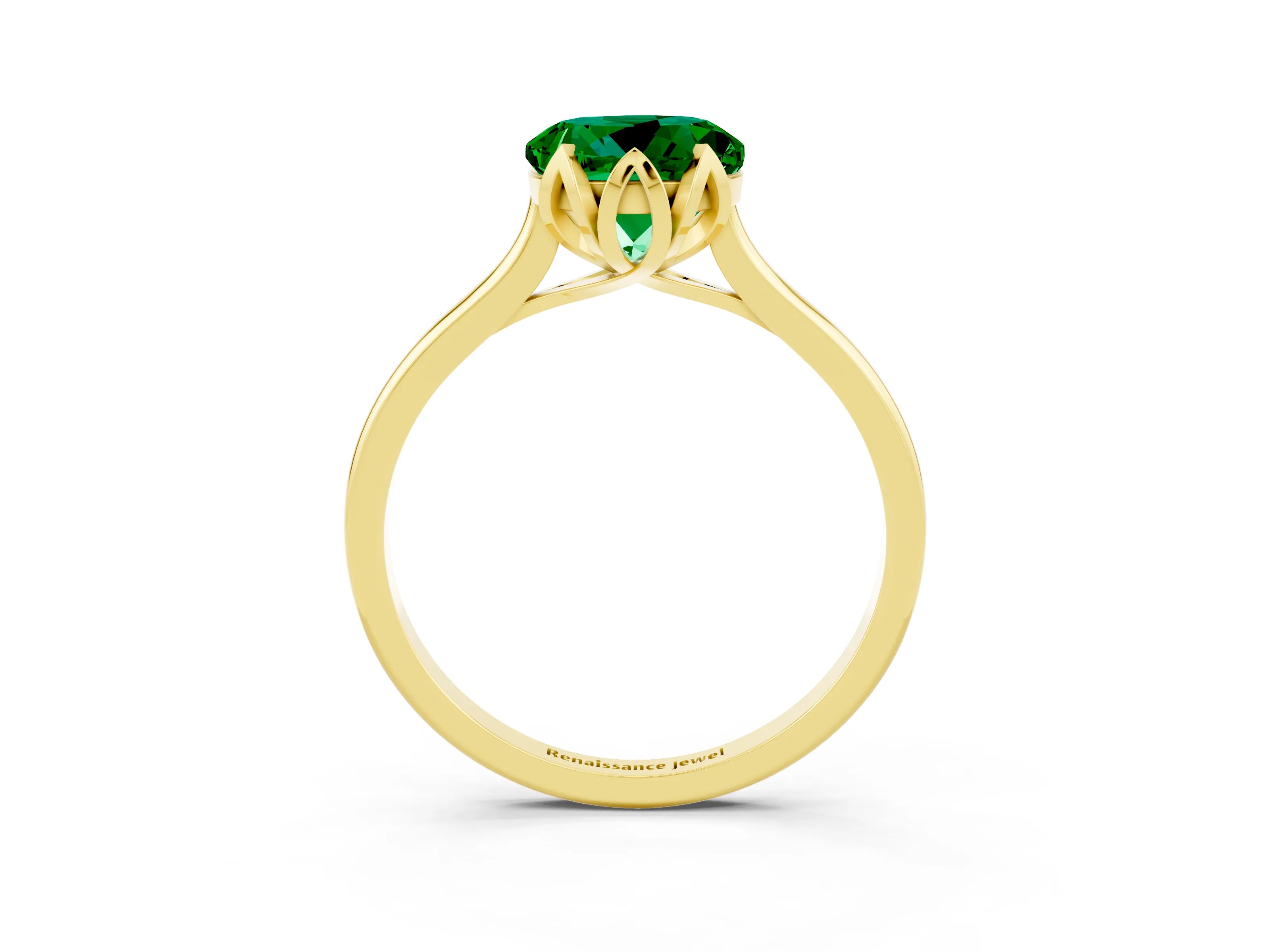 Yellow gold Round Cut Emerald Solitaire Ring with Flower Prong Setting and Classic Band_15