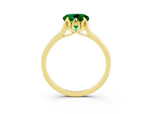 Yellow gold Round Cut Emerald Solitaire Ring with Flower Prong Setting and Classic Band