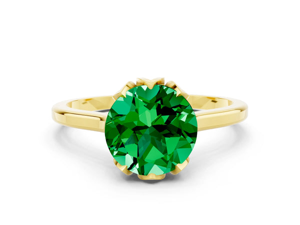 Yellow gold Round Cut Emerald Solitaire Ring with Flower Prong Setting and Classic Band